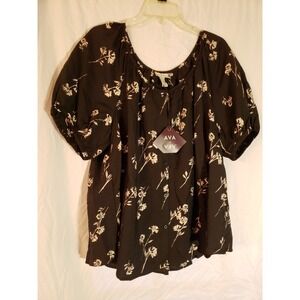 Women's Ava And Viv Black Floral Short Sleeve Top Size 1X